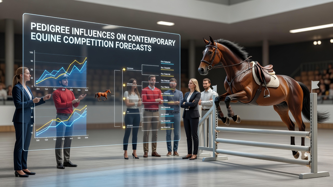 Thoroughbred horses on a training track with pedigree charts overlaid in the background
